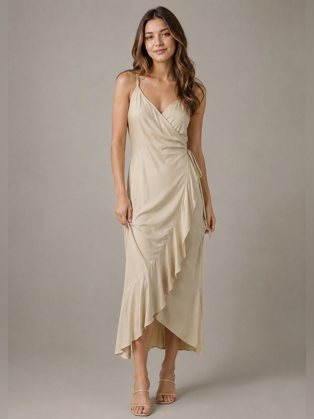 LaLunaโBaliย Tan Sleeveless Ruffle Wrap Maxi DressโM